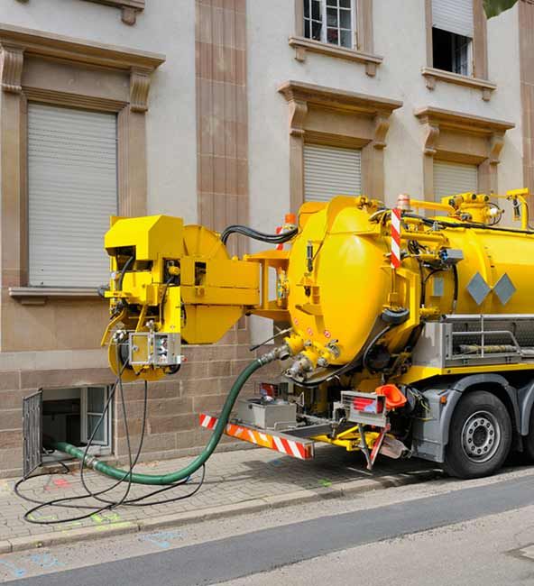 Yellow vacuum truck with hose in a building window, parked on a street next to the building.