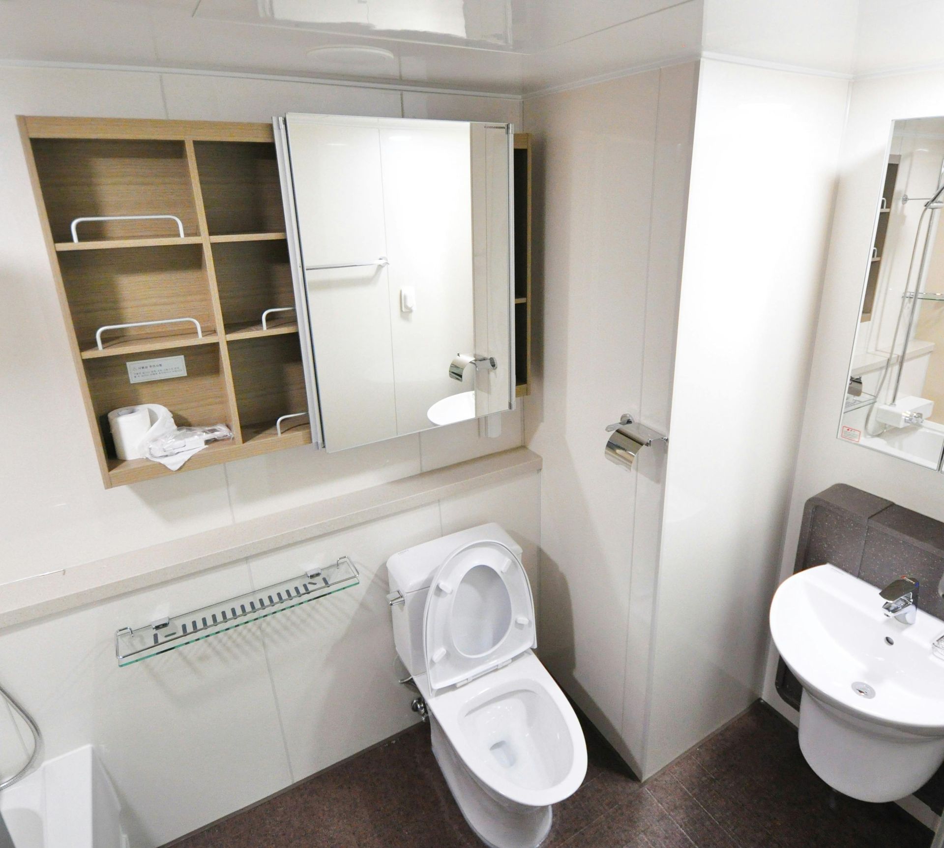 Small, white bathroom with toilet, sink, and mirror-fronted storage cabinet. Brown floor and shelving.