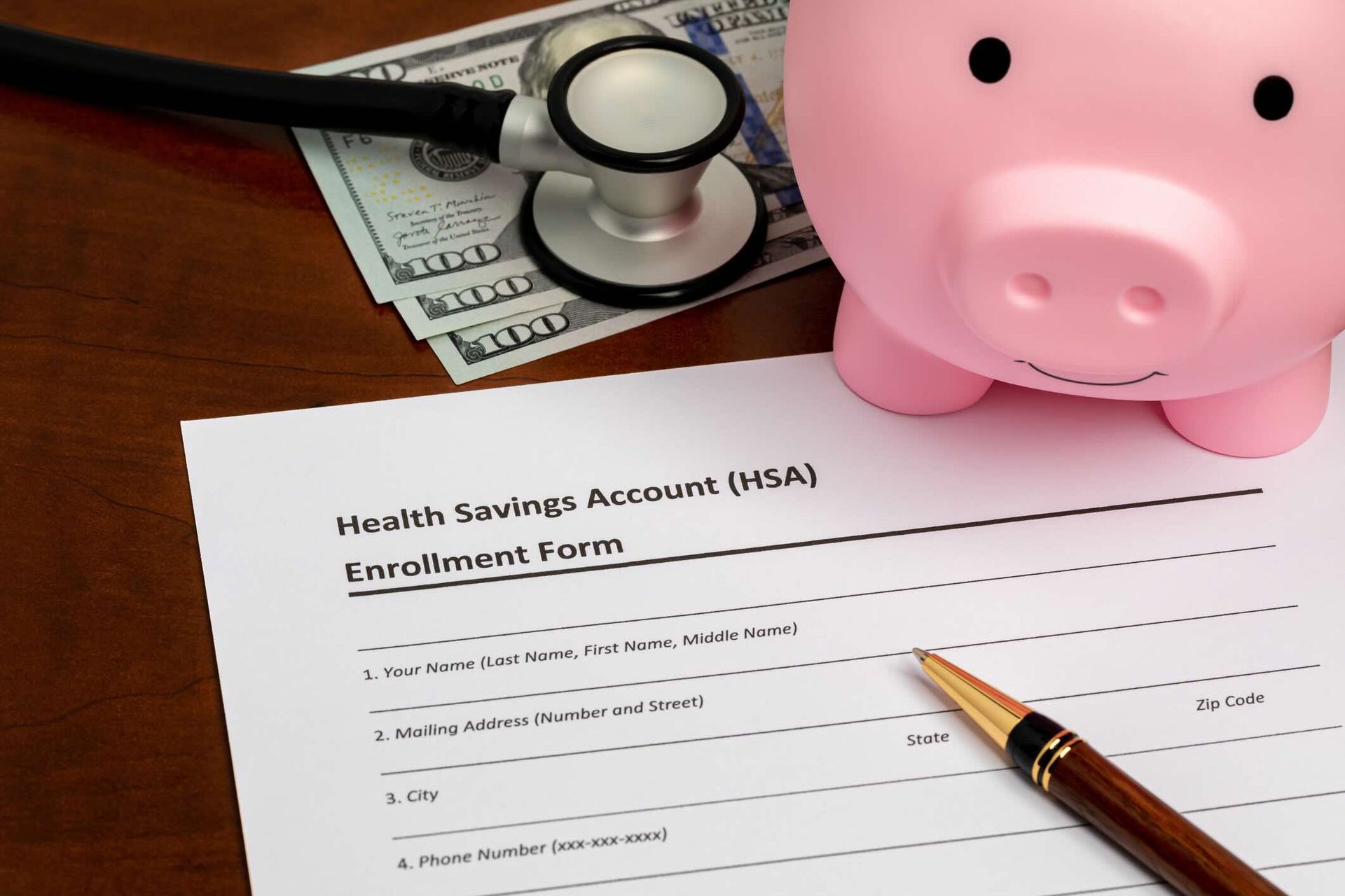 Health savings account, HSA, form with piggy bank, stethoscope and cash money. Health insurance, medical and dental healthcare costs concept.