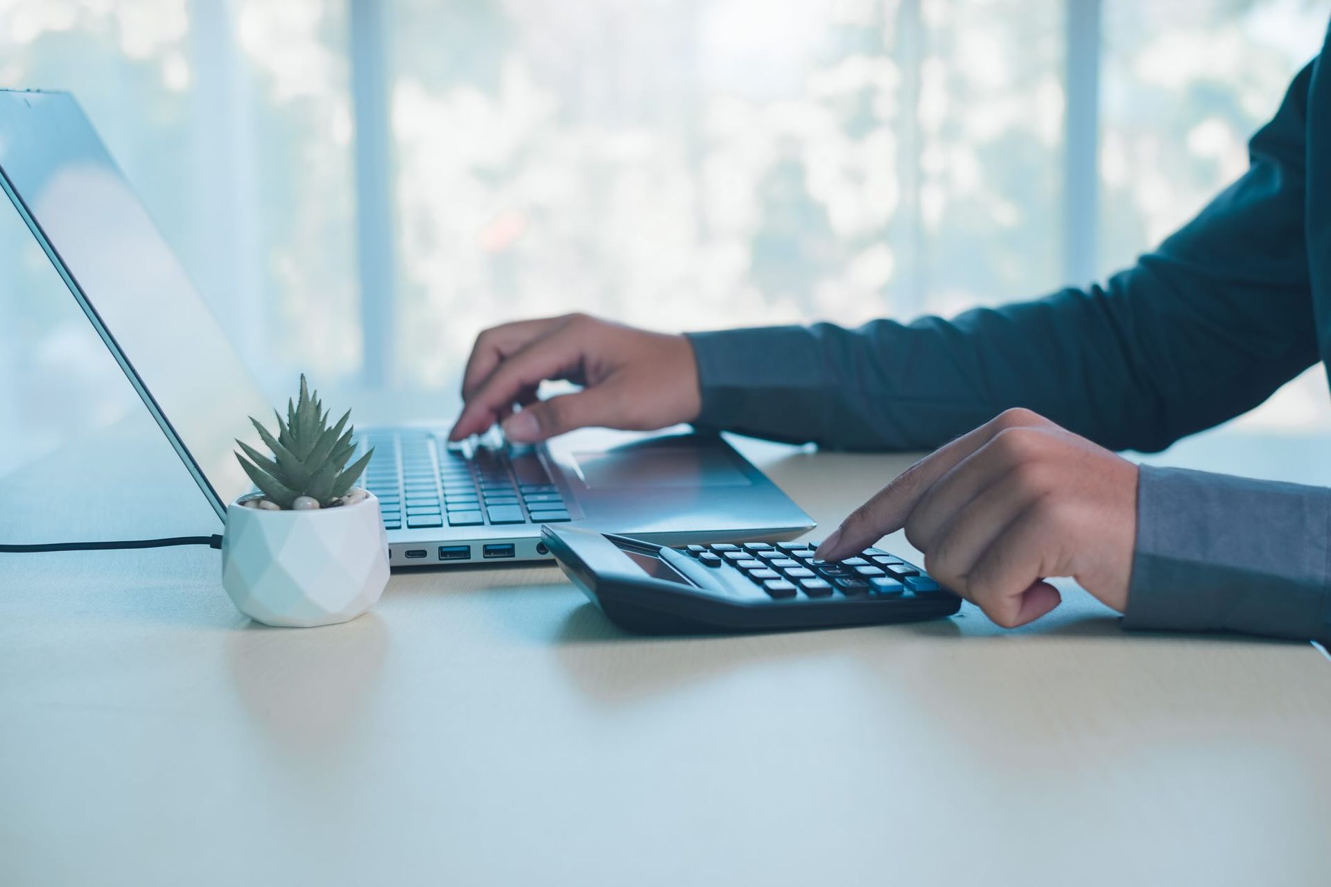 Hands using calculator and laptop on desk with small plant, representing financial calculation, budgeting, accounting, business analysis, expense management and modern office finance concept
