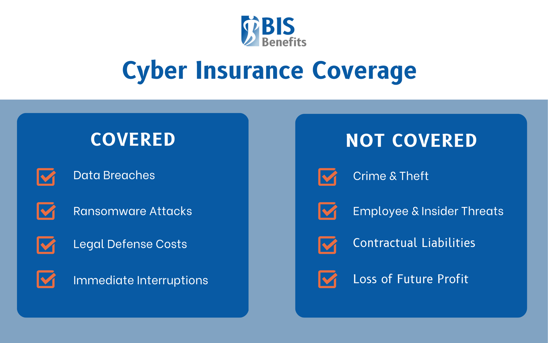 Infographic detailing incidents that cyber insurance covers (data breaches, ransomware attacks, legal defense costs, immediate interruptions) and doesn't cover (crime & theft, employee & insider threats, contractual liabilities, and loss of future profit).