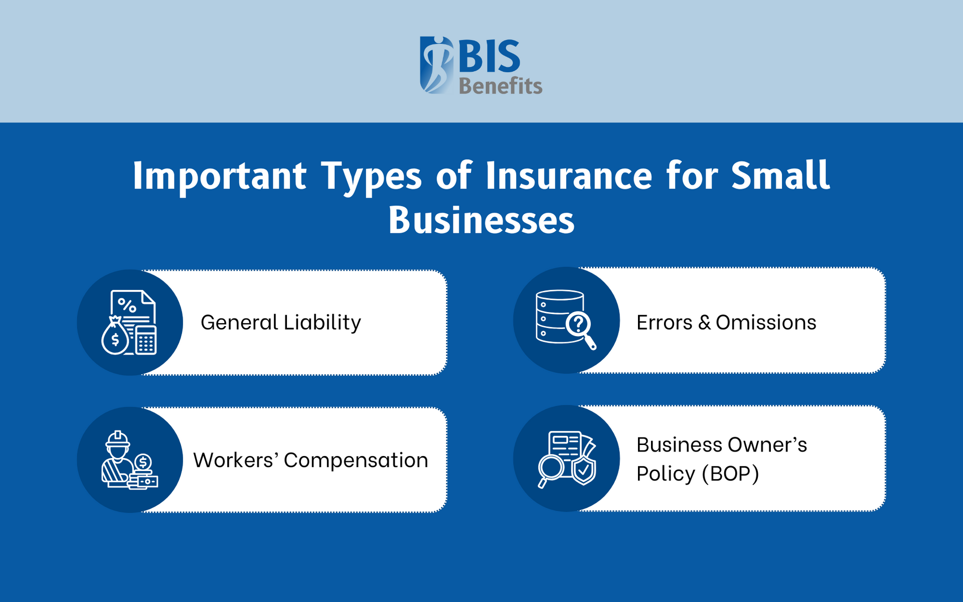 Infographic listing important types of insurance for small businesses, including general liability, errors & omissions, workers' compensation, and business owner's policy (BOP).