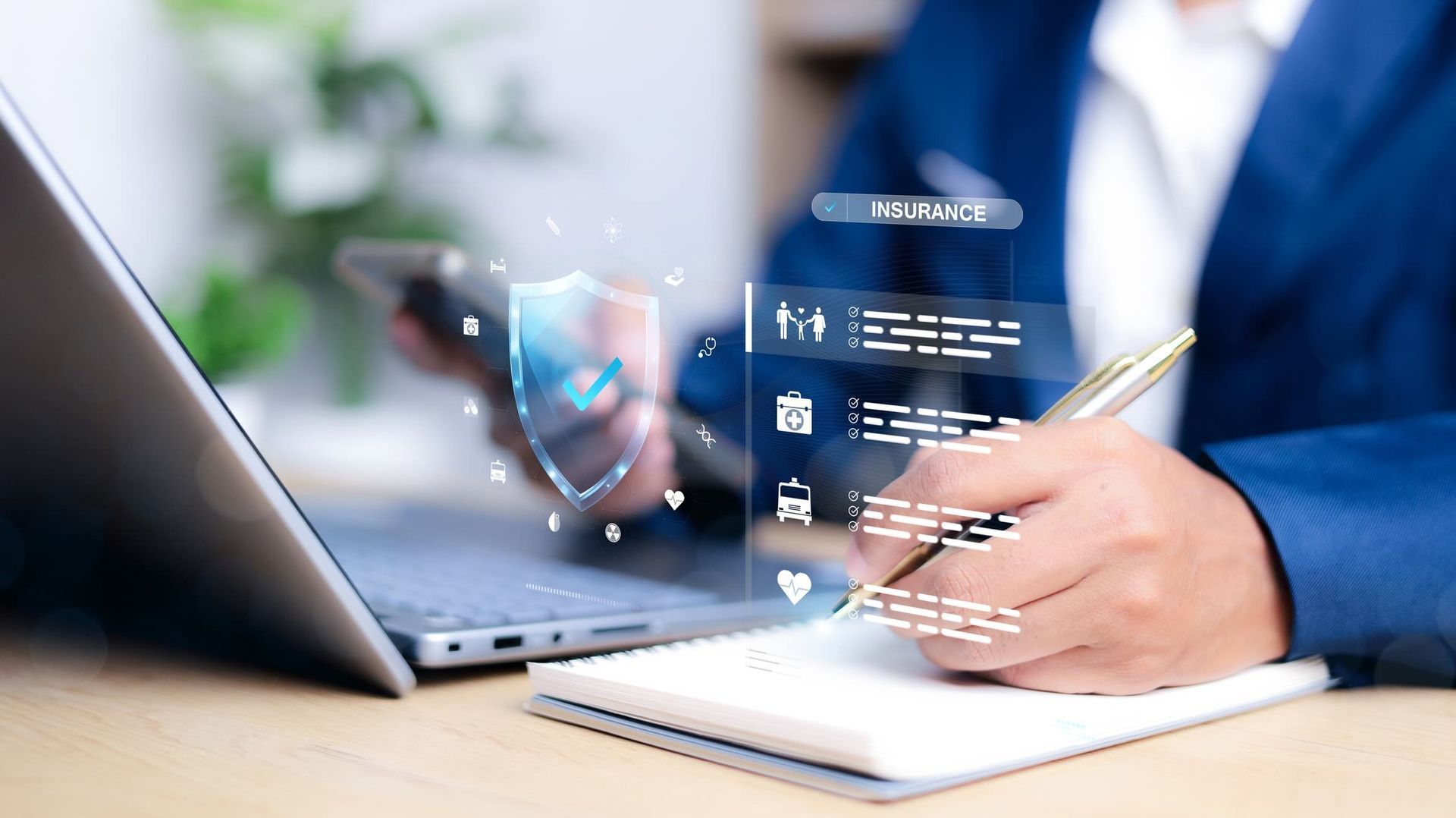Insurance concept. Businessman using a computer to insurance online for family and life, financial, 