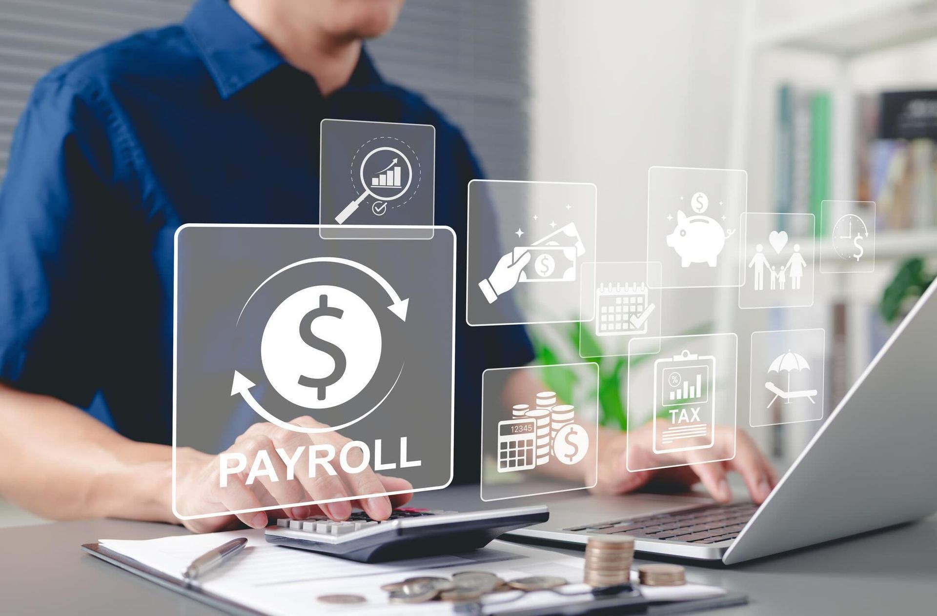 Payroll management and financial planning concept. Businessman processes payroll, salary management, financial planning, employee compensation, budgeting, taxes, and accounting in business operations. stock photo
