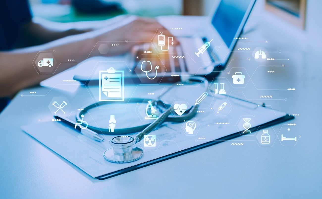 Medical record with stethoscope in hospital office background. Medicine service innovation and techn