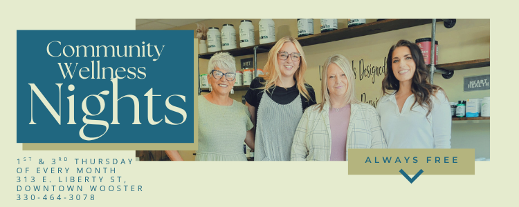Community Wellness Nights event promotion with four women in front of a shelf, text that says 