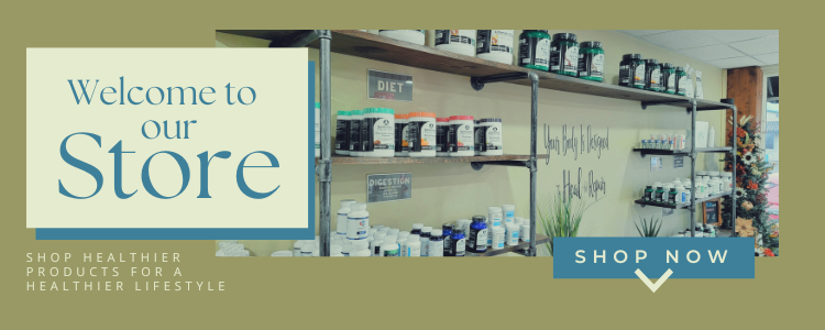Welcome to our store banner with shelves of products
