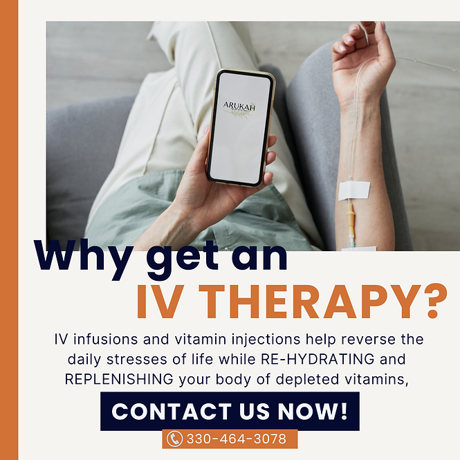 Person receiving IV therapy, holding phone. Text: 