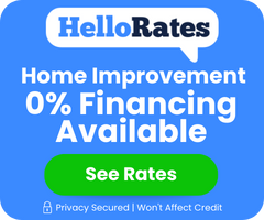 HelloRates home improvement ad with blue background, 0% financing available and green “See Rates” button