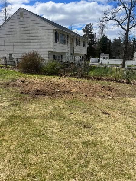 A two-story house with a patchy lawn, shrubs, and a dirt area in front.
