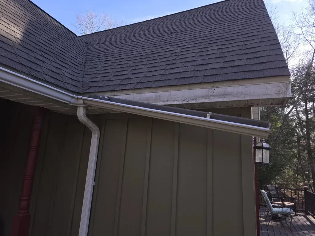 Side view of a house with a dark roof, white gutters, and green siding.