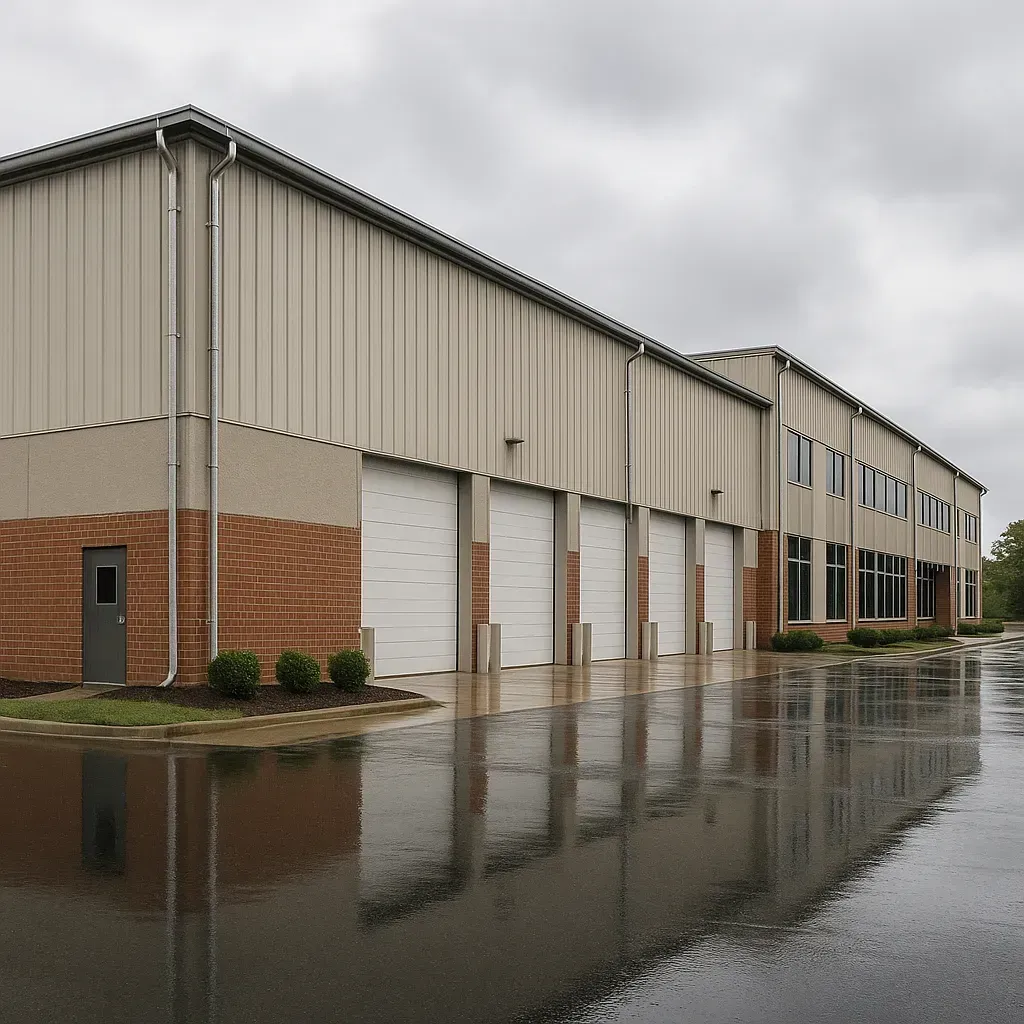 Industrial building with white garage doors, brick base, and reflective wet pavement.