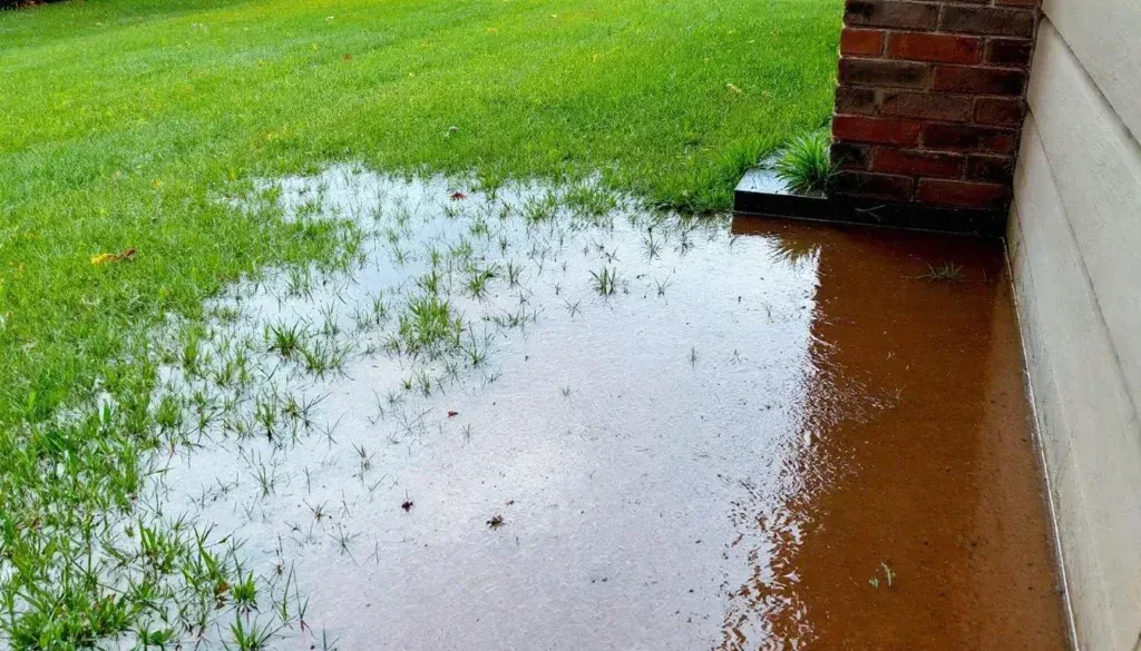 Flooded lawn near a brick column and building, brown water, green grass.