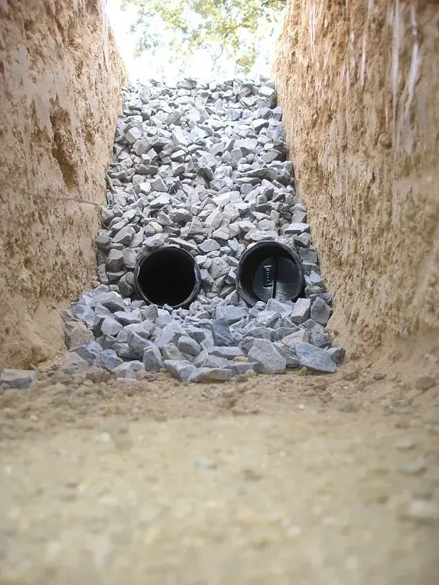 A trench filled with gravel, two black French drains