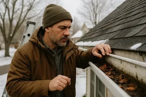 Wichita homeowner inspecting gutters at winters end for damage