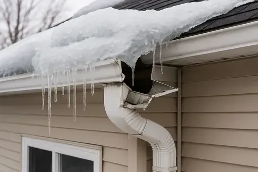 Ice buildup on a roof gutter with icicles hanging down. White gutter busted on the end against beige siding.