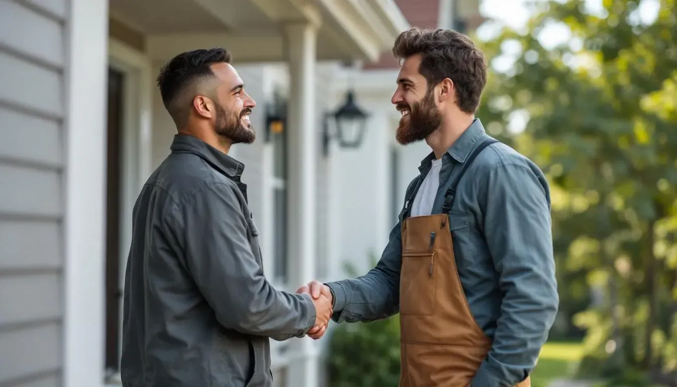 Licensed gutter installation specialist greeting homeowner before starting work