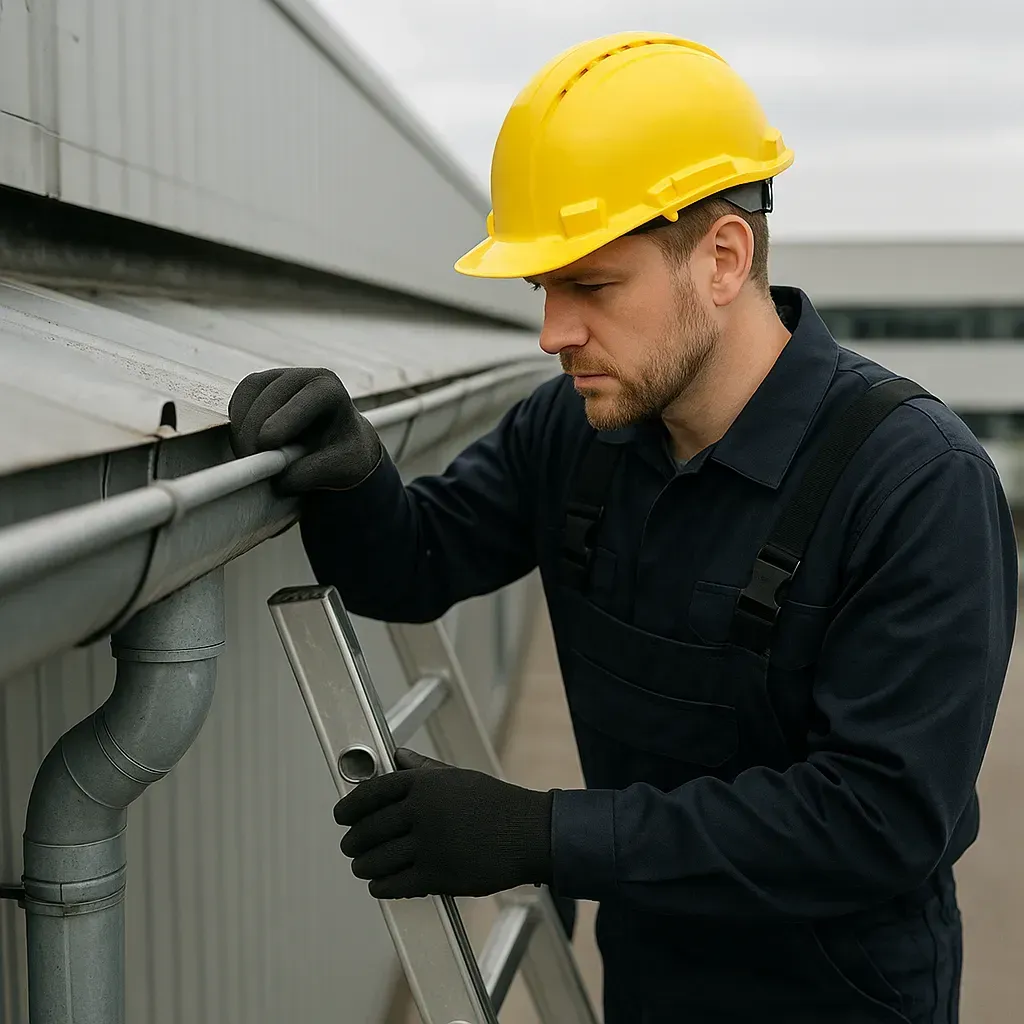Gutter Tech in black with a yellow hard hat inspecting a commercial gutter system