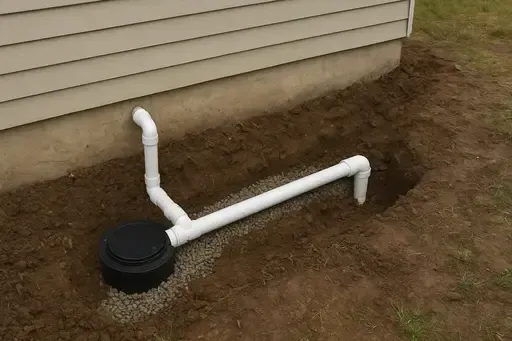 diagram showing a dry well with perforations in the soil with pipe running from home 