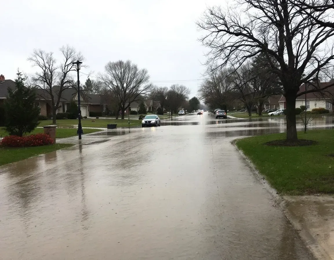 Flooded residential street in Wichita neighborhood with standing water around homes after heavy rainfall