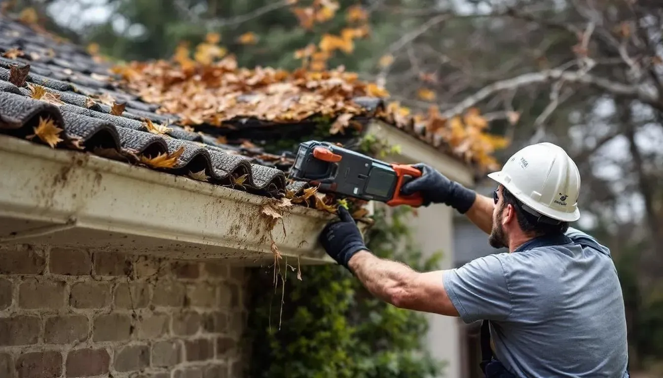 Experienced gutter installer safely removing old gutters during gutter removal and installation service
