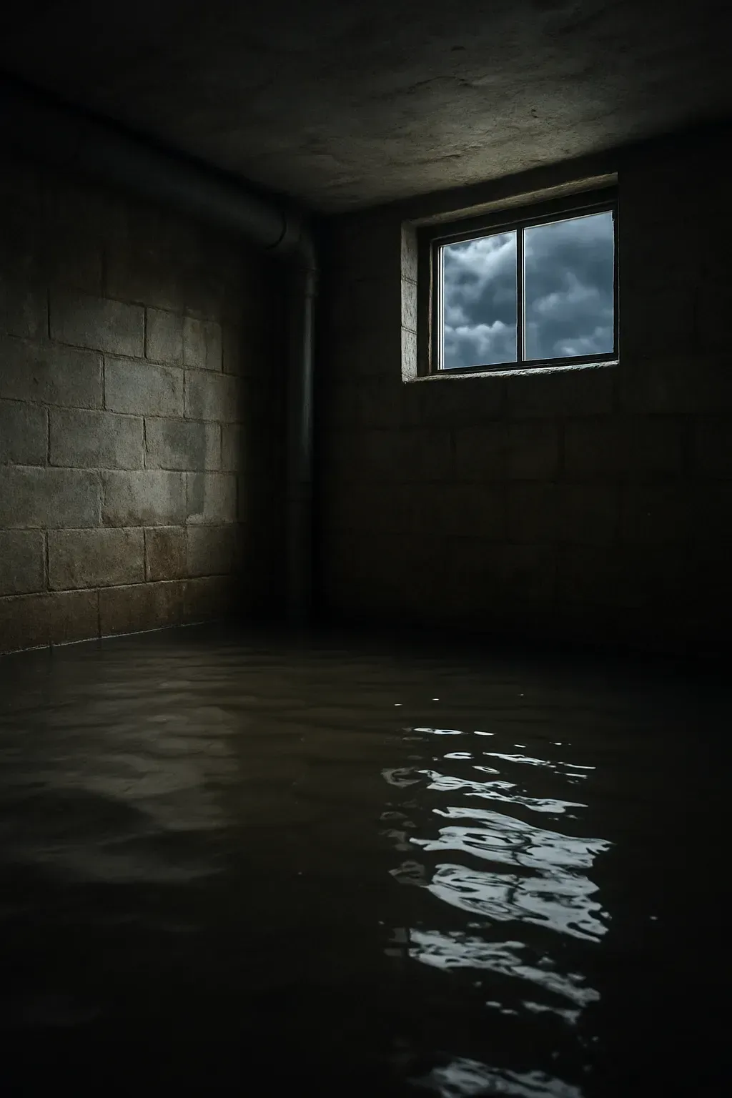 Flooded basement with standing water after storm in Wichita Kansas home