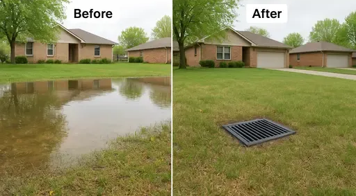 Before and after pic with before standing water in a yard with brick Wichita house, and after with a catch basin drain and no standing water