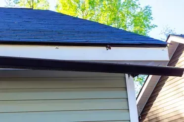 Hanging dark gutter in need of repair, on a house with blue roof, beige siding, and some visible trees.