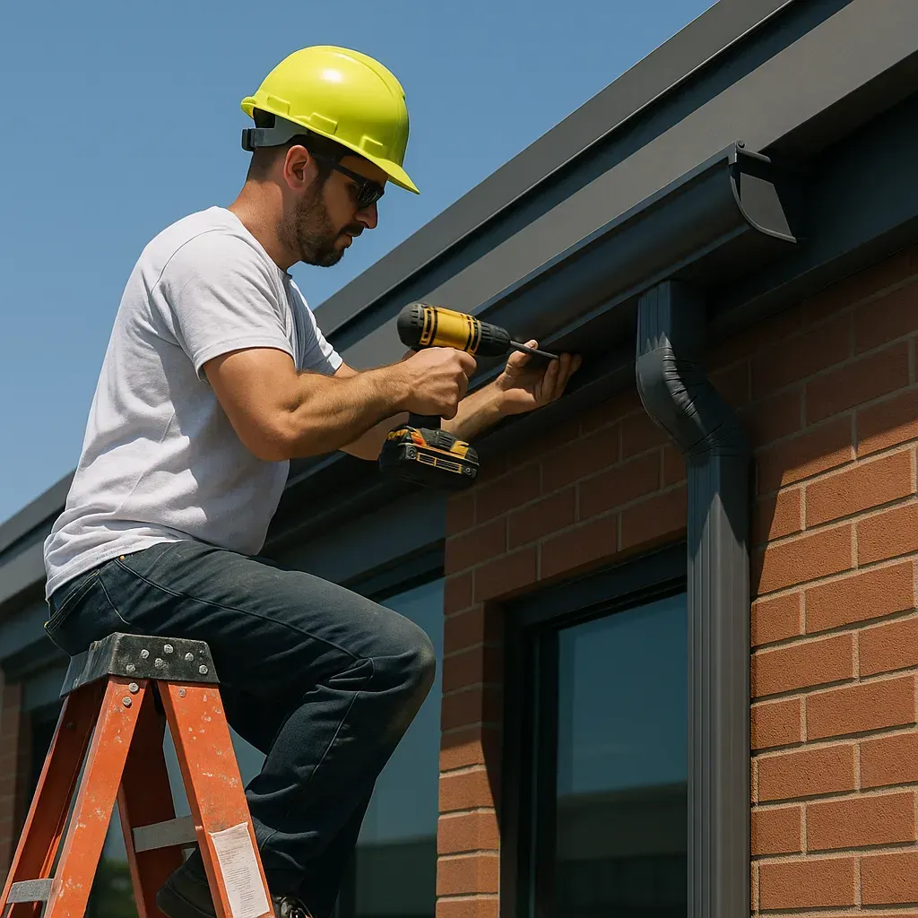 Professional commercial gutter contractor installing seamless gutters on business building