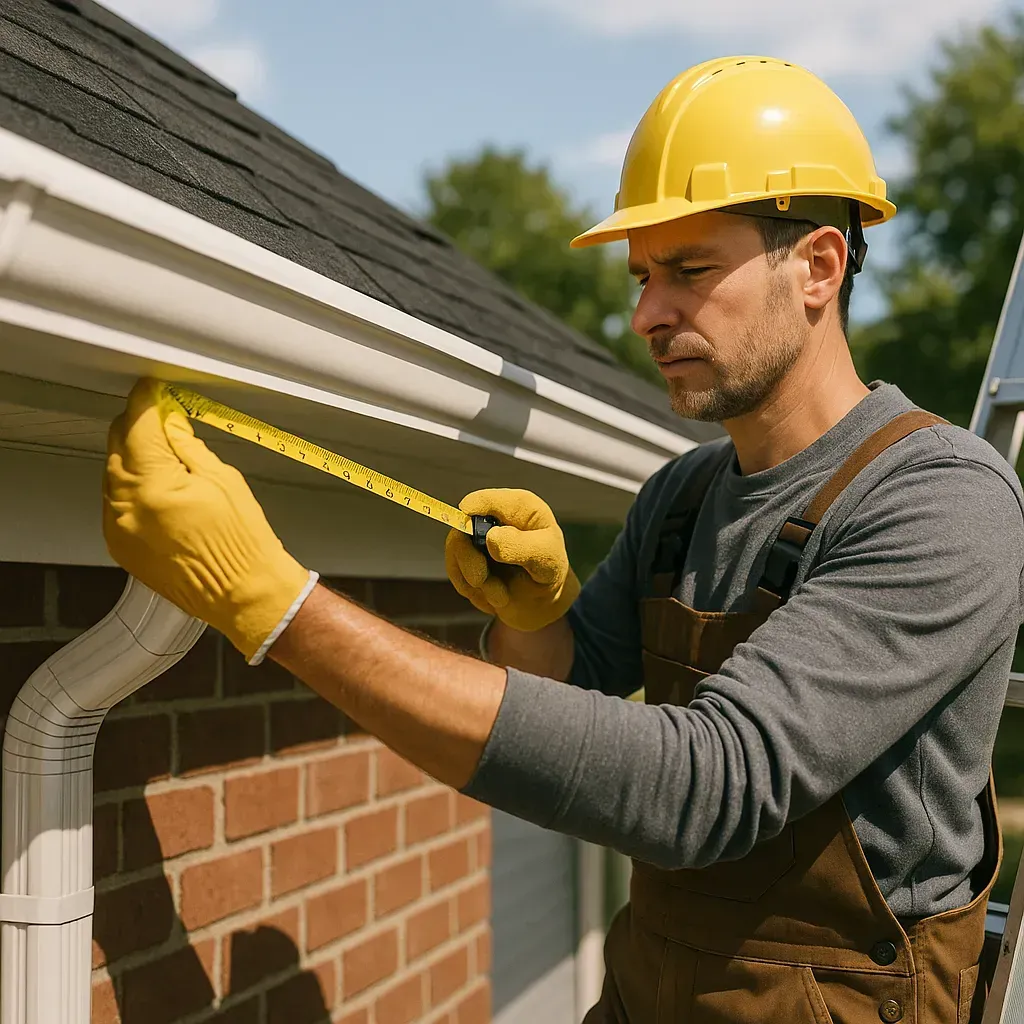 Gutter contractor measuring roofline for accurate seamless gutter quote in Wichita