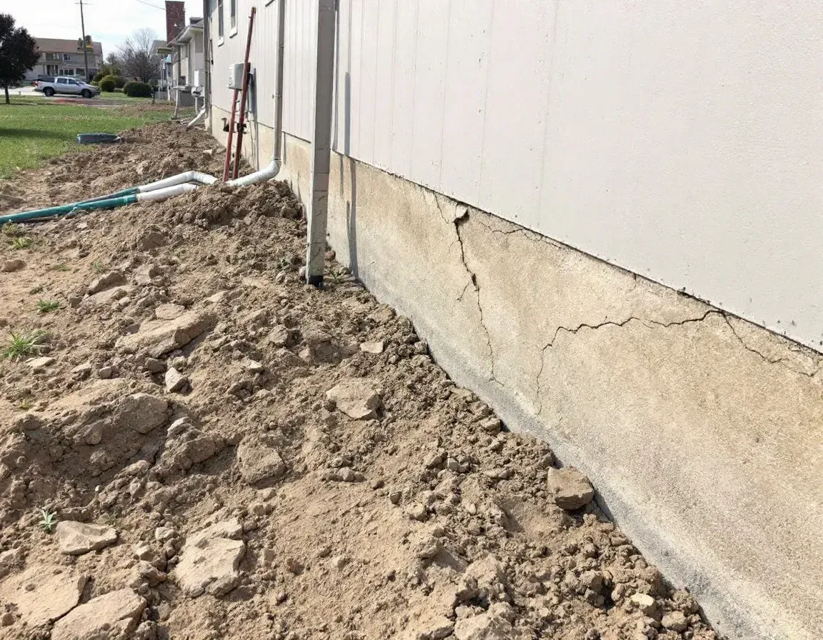 Cracked clay soil near house foundation showing expansion and contraction damage in Wichita Kansas