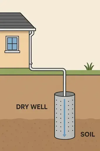 diagram showing a dry well with perforations in the soil with pipe running from home 