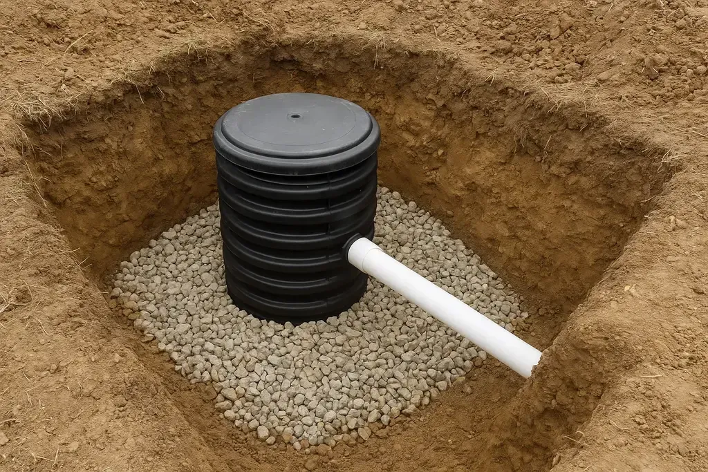 Black dry well in a gravel-lined pit, with white drainage pipe exiting.