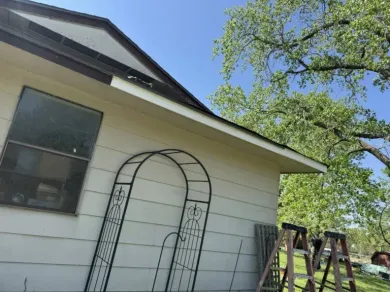 Side view of a light-colored house with black trim and window, black metal garden arch, and ladder outside.