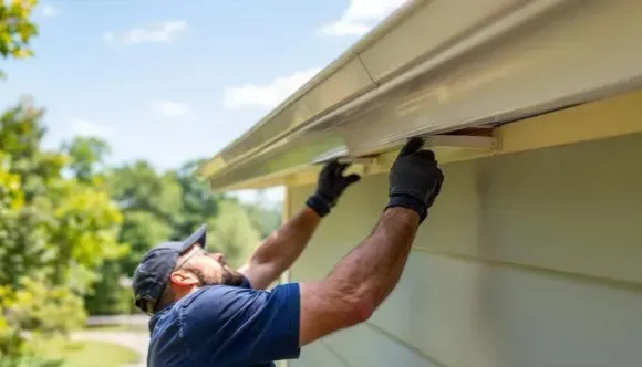Person in black gloves installing a gutter on a Wichita home on a sunny day