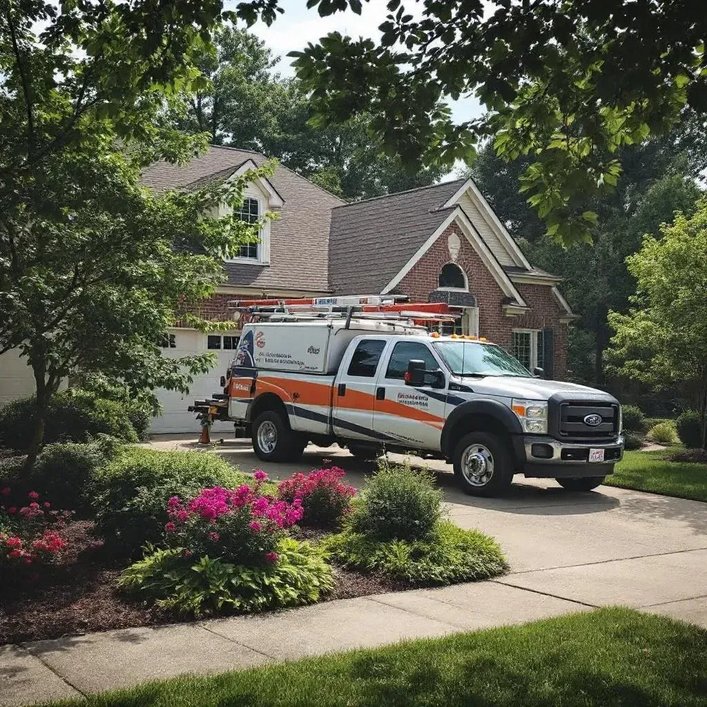 A white service truck with orange accents parked in front of a two-story house with a well-manicured front yard.