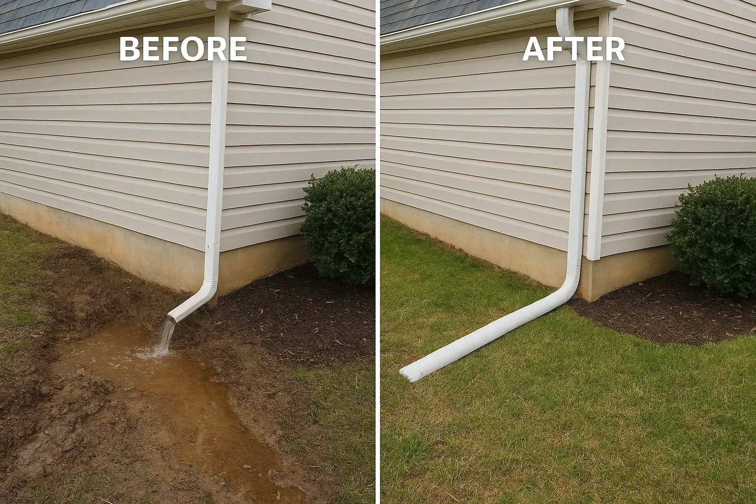 Before and after photos of a gutter downspout, showing water draining to the ground before, and extending to the lawn after.
