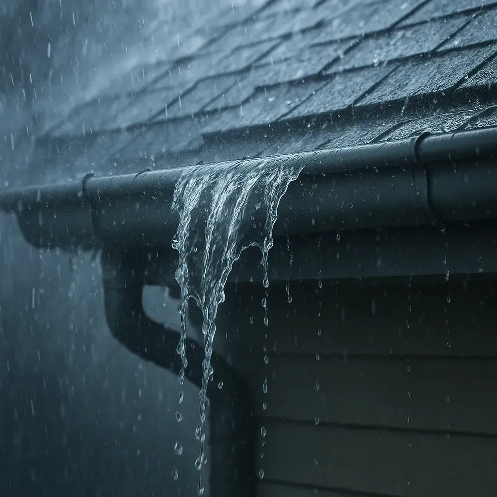Overflowing gutter on a roof during a dark storm
