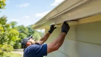 Man performing gutter installation on a building, wearing a tool belt, against a backdrop of trees and sky.