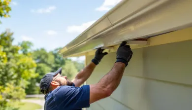Man performing gutter installation on a building, wearing a tool belt, against a backdrop of trees and sky.
