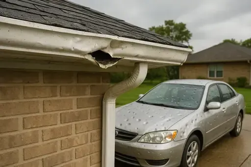 Damaged gutters and dented car after baseball-sized hail storm in Wichita Kansas