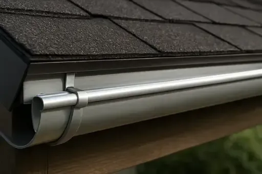 Gray half round gutters attached to a roof with dark shingles.