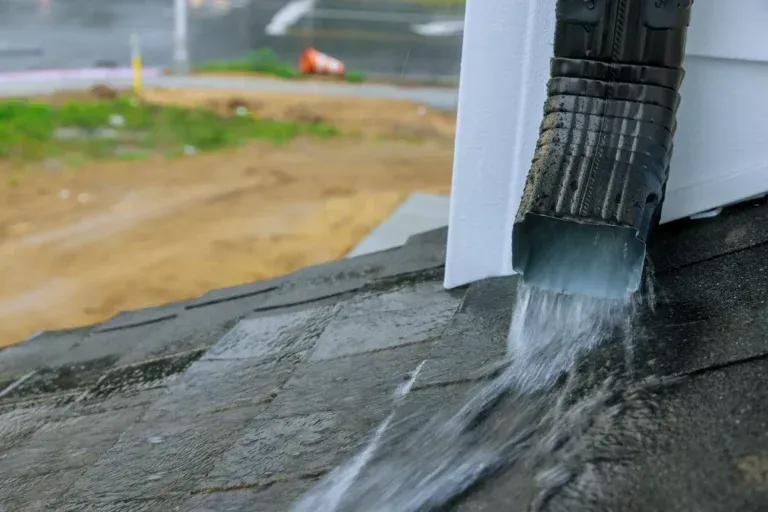 Rainwater pouring from a black gutter onto a gray shingled roof, outdoors.