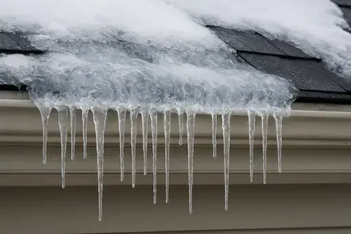 Ice dam blocking gutters on Kansas home roof causing water backup and icicle formation