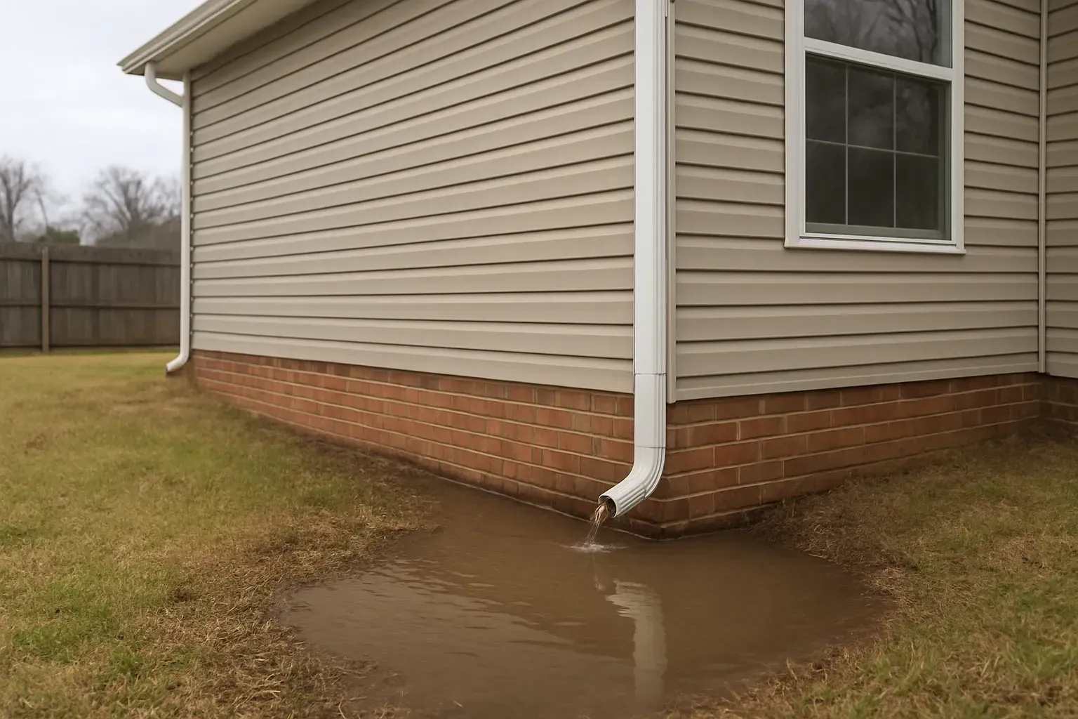 Water pooling against house foundation due to improper yard grading in Wichita Kansas home