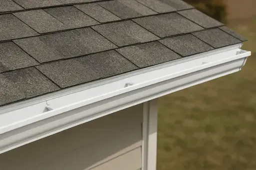 White K-style aluminum gutters on composition shingle roof showing proper gutter installation in Wichita Kansas