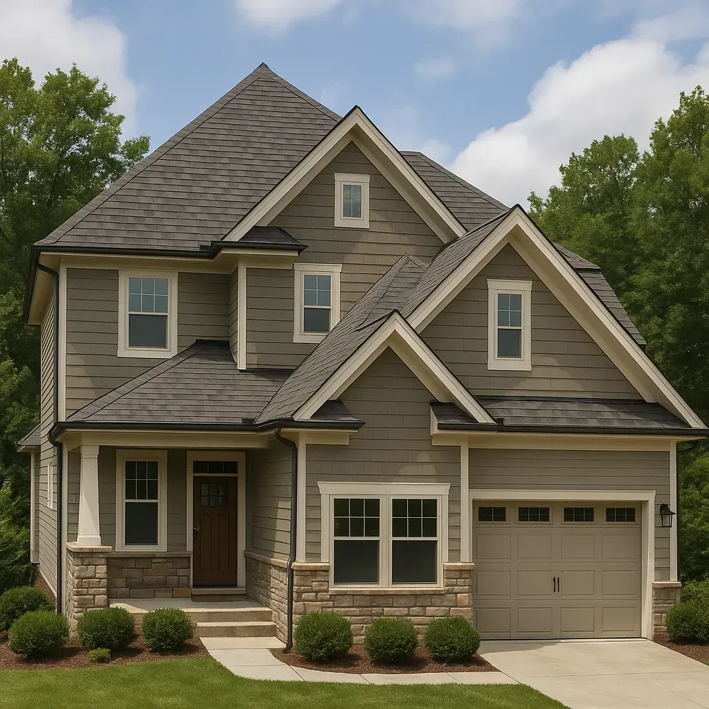 Two-story Wichita home with complex rooflines affecting gutter installation pricing