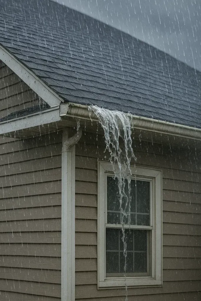 Heavy rain overflowing from a gutter on a house, near a window.