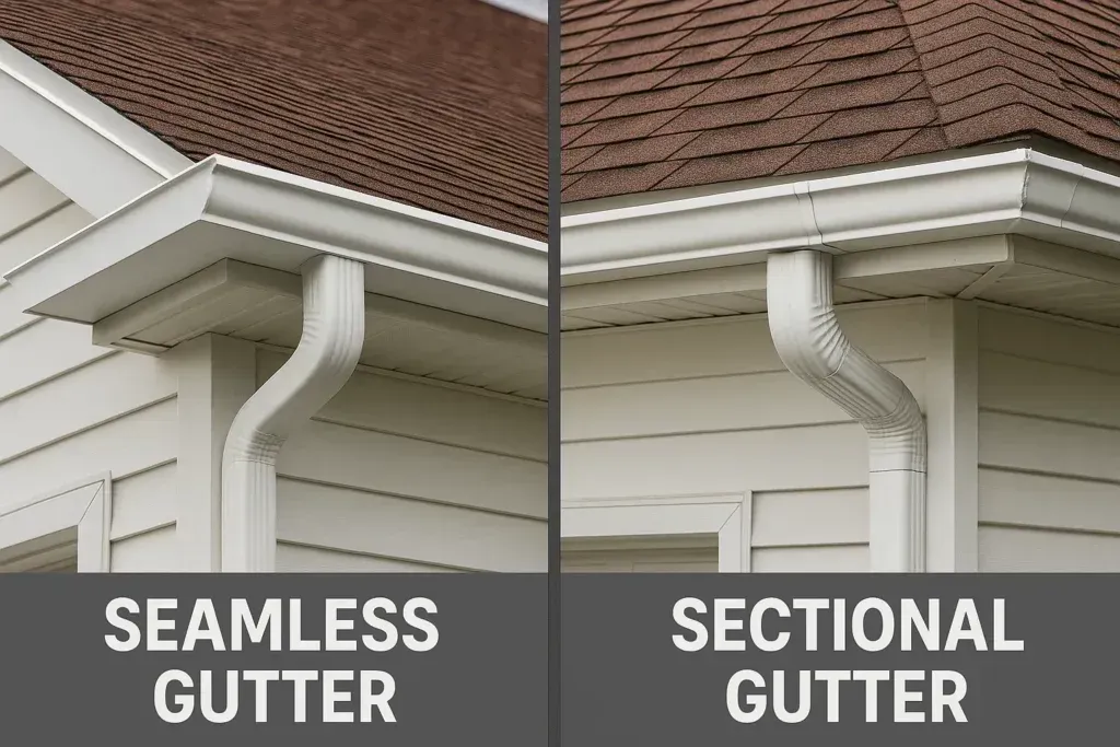 Comparison of seamless and sectional gutters on white houses, illustrating their differences.