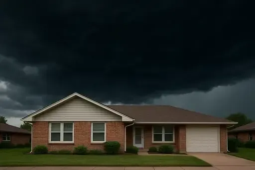 Dark storm clouds approaching Wichita Kansas neighborhood with ranch homes and gutters vulnerable to hail wind damage